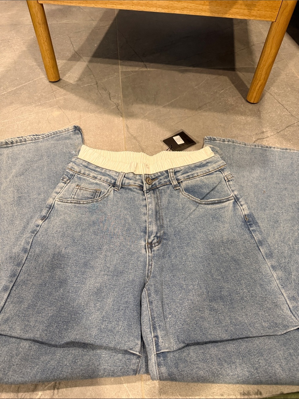Wide Leg Light Blue Denim Jeans with Elastic Waistband